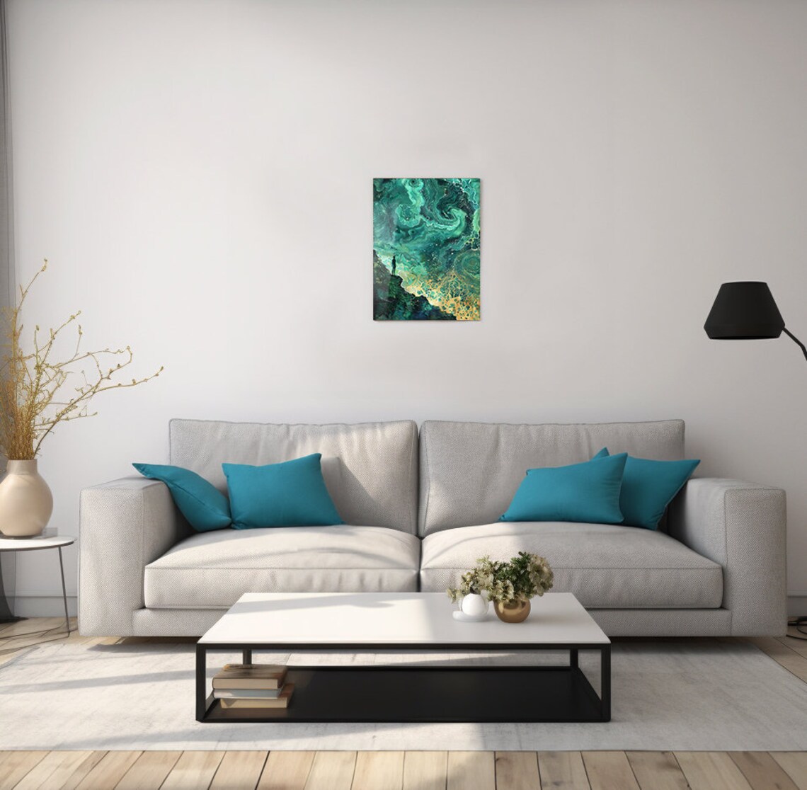 Emerald Gold Abstract Ocean Swirls Lone Figure Marble Texture Art Poster - Image 2