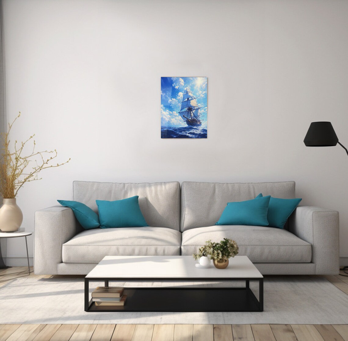 Tall Sailing Ship Bright Blue Ocean Sunny Nautical Voyage Painting Poster - Image 2