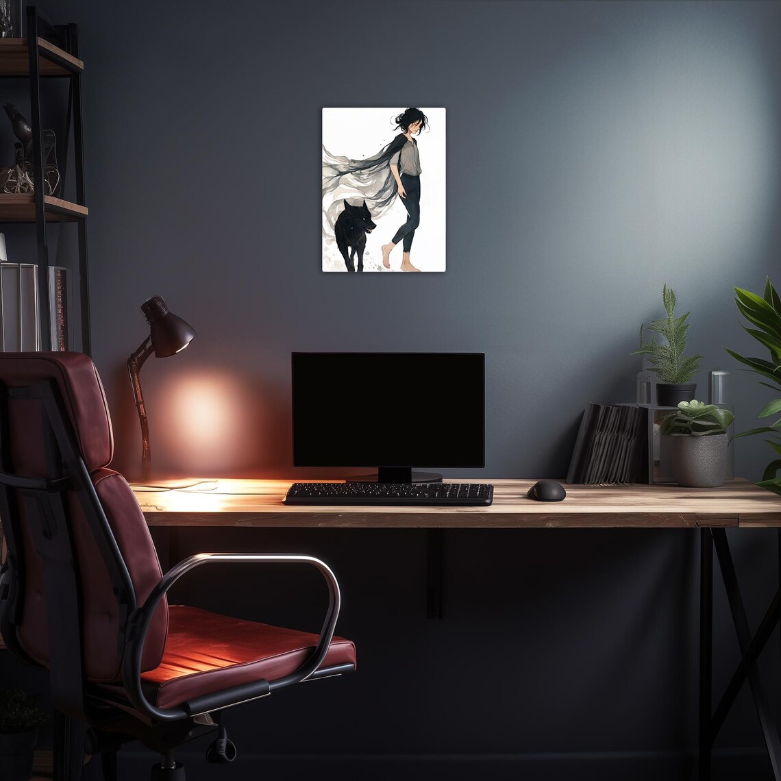 Girl Walking With Black Wolf Minimal Ink Sketch Fantasy Wall Art Poster - Image 2