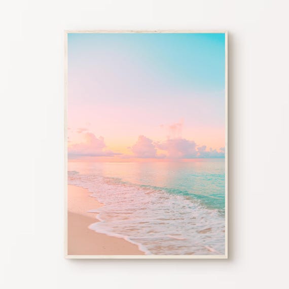 Pastel Coastal Beach Sunrise Poster, Boho Decor