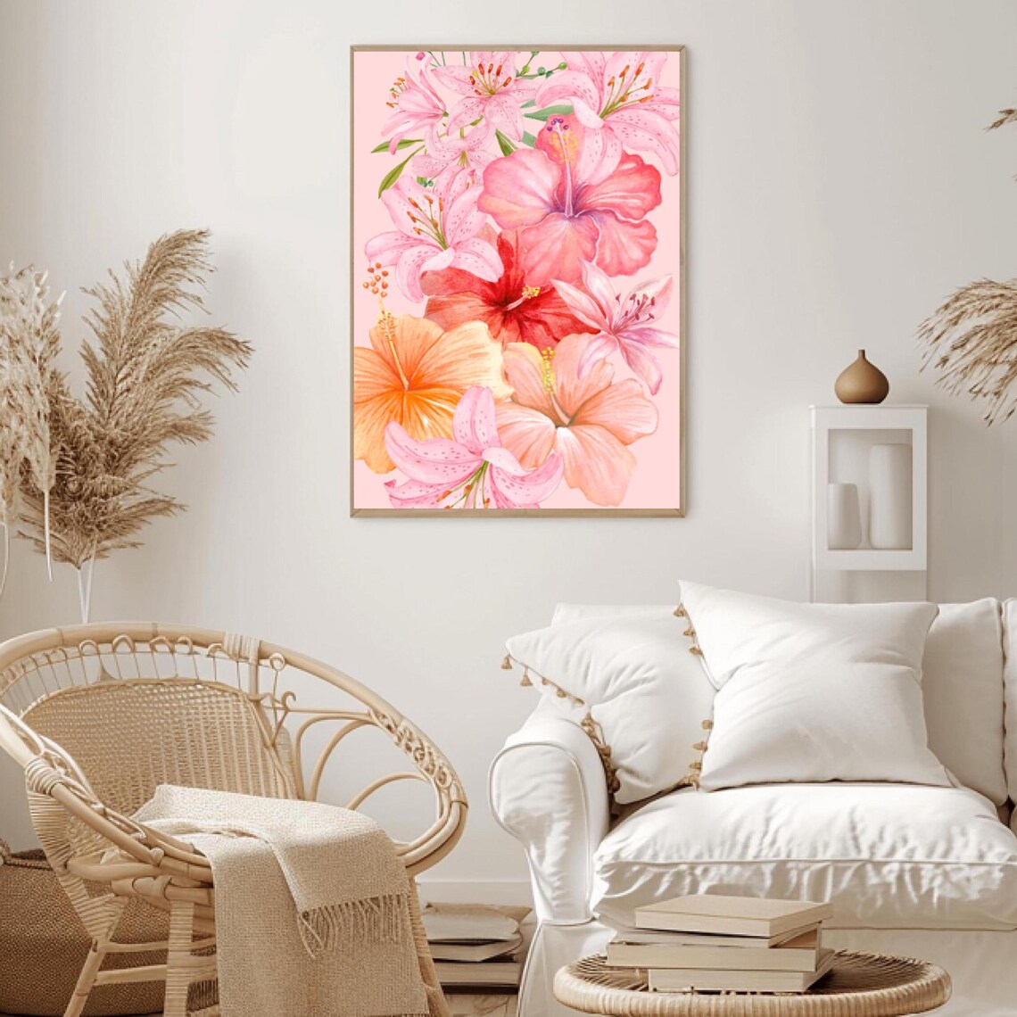 Pink Tropical Hibiscus and Lily Blossom Watercolor Flower Art Poster