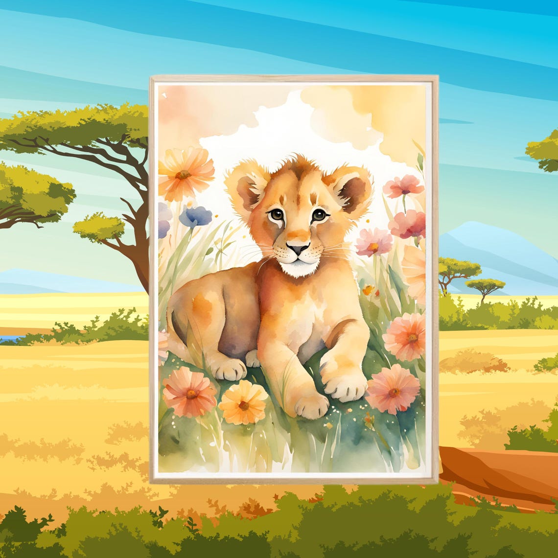 Lion Cub Watercolor Resting In Safari Wildflowers Nursery Poster