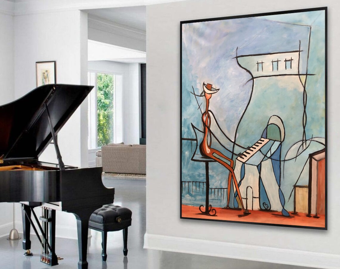 Abstract Piano Player Cubist Style Music Room Scene Painting Poster