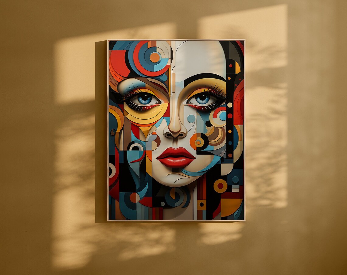 Colorful Cubist Woman Portrait with Blue Eyes and Red Lips Poster