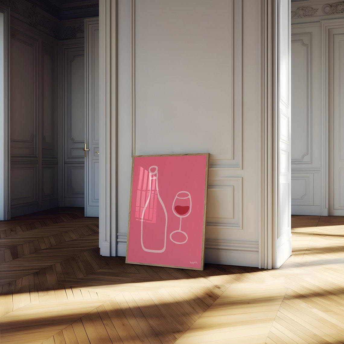 Minimalist Pink Wine Bottle and Glass Line Art Print for Kitchen