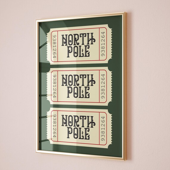 North Pole Ticket Stubs Vintage Christmas Green Holiday Poster