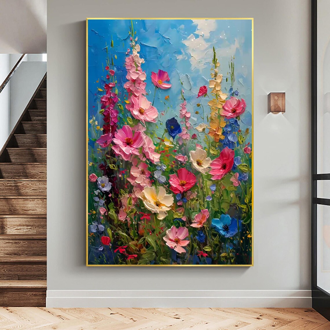 Tall Wildflower Meadow Impasto Vertical Oil Painting Art Print - Image 5