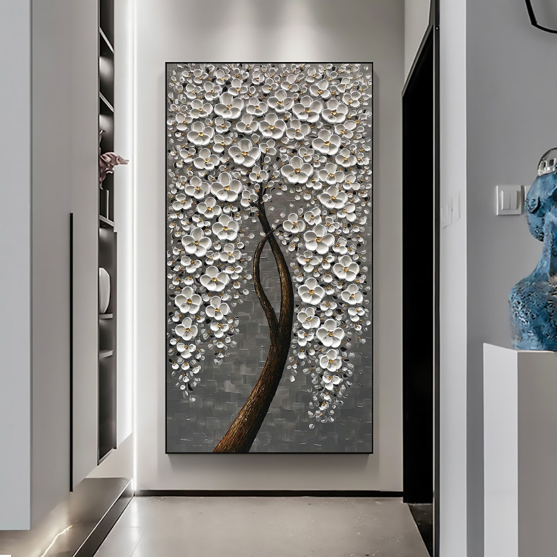White Cherry Blossom Tree on Gray Vertical Oil Painting Art Print - Image 5