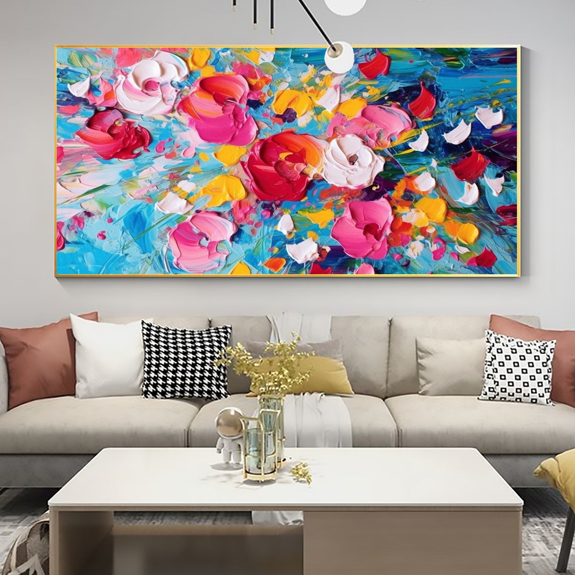 Blooming Roses Sky Blue Background Knife Texture Floral Poster - Image 6