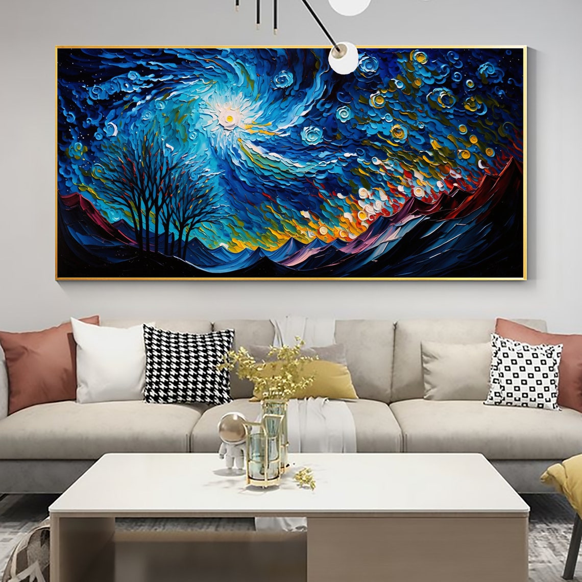 Starry Swirling Night Sky Over Mountain Landscape Impasto Poster - Image 6