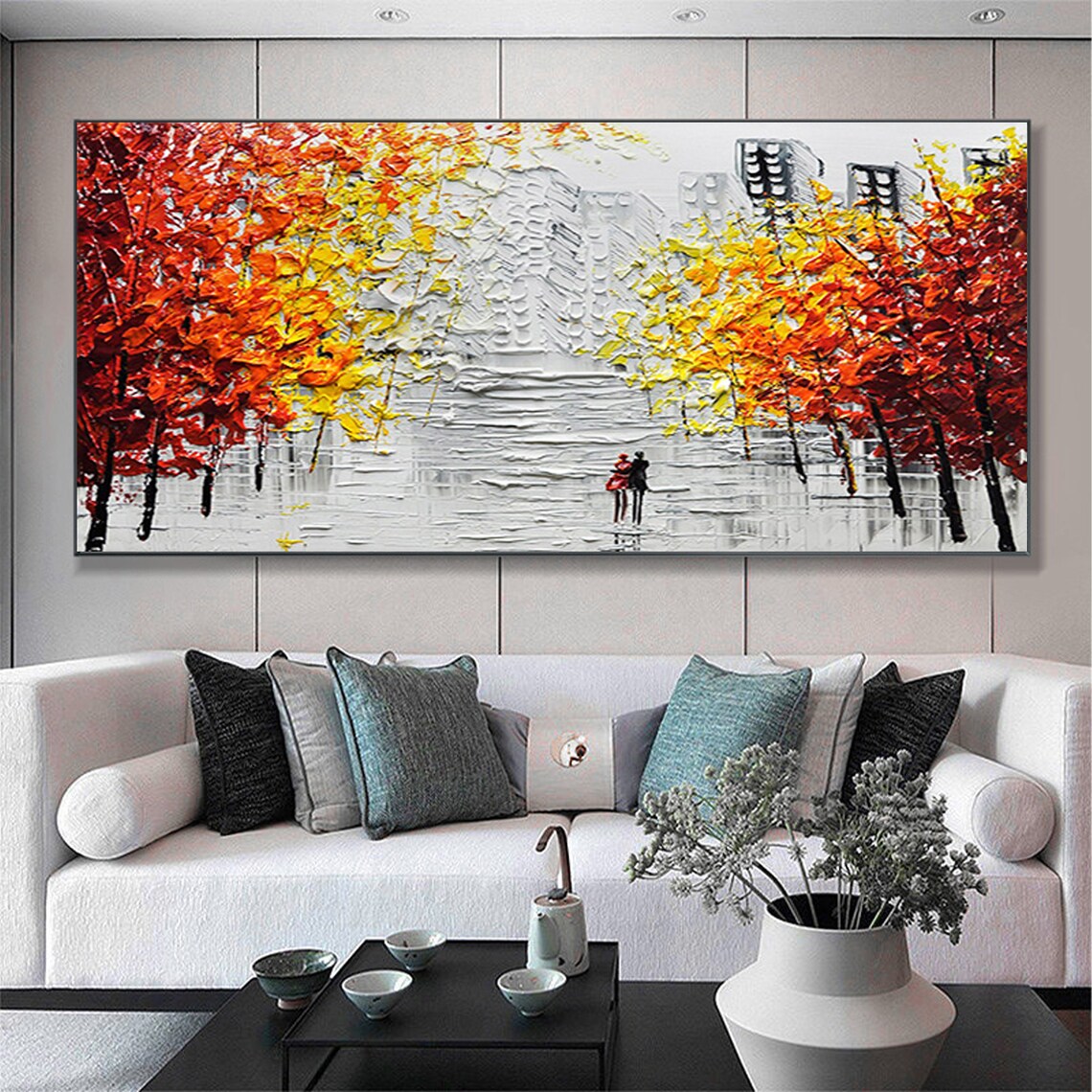 Romantic Couple Autumn City Stroll Panoramic Oil Painting Art Print - Image 5