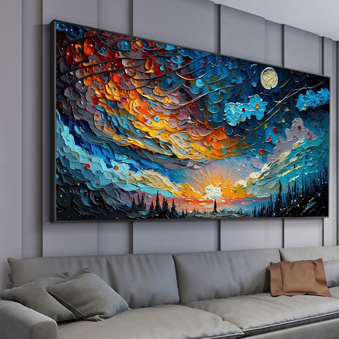 Moonlit Swirling Night Sky Over Dark Forest Sunset Impasto Oil Poster - Image 4