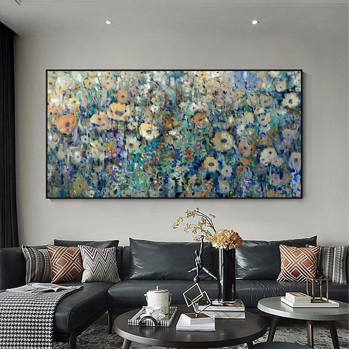 Muted Spring Wildflower Meadow Panoramic Oil Painting Art Print - Image 2
