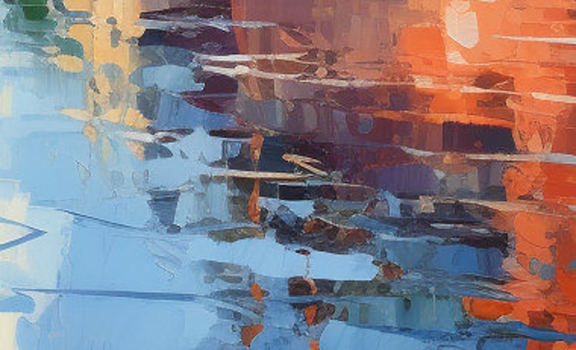 Mediterranean Coastal Town Sailboat Reflection Oil Painting Art Print - Image 2
