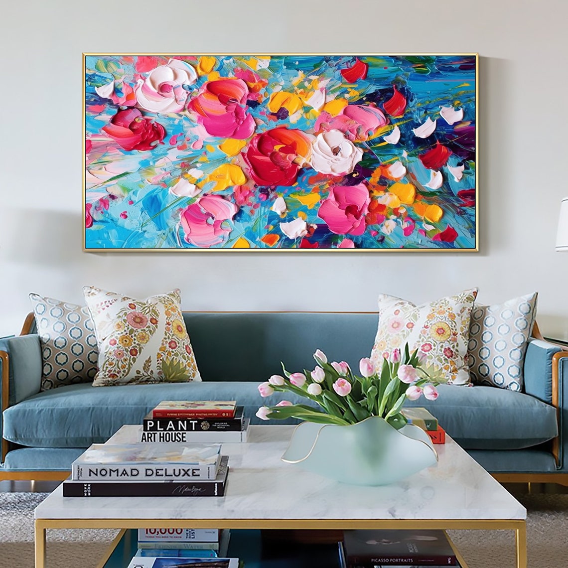 Blooming Roses Sky Blue Background Knife Texture Floral Poster - Image 5