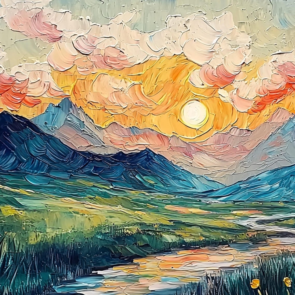 Colorful Sunset Mountain Valley River Meadow Poppy Field Poster - Image 4
