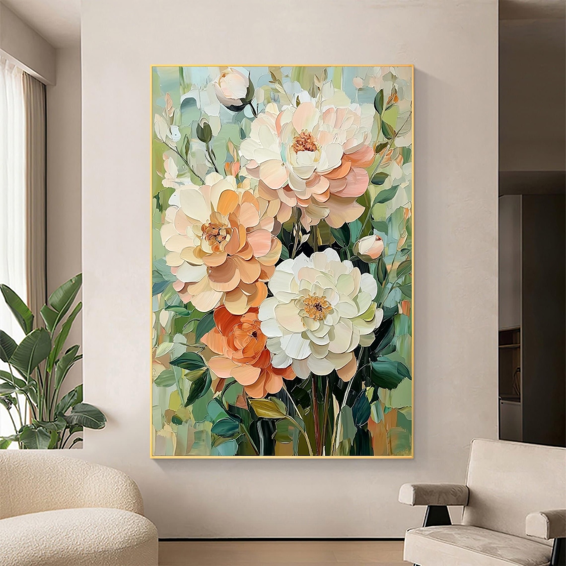 Peach White Peony Stems Garden Vertical Oil Painting Art Print