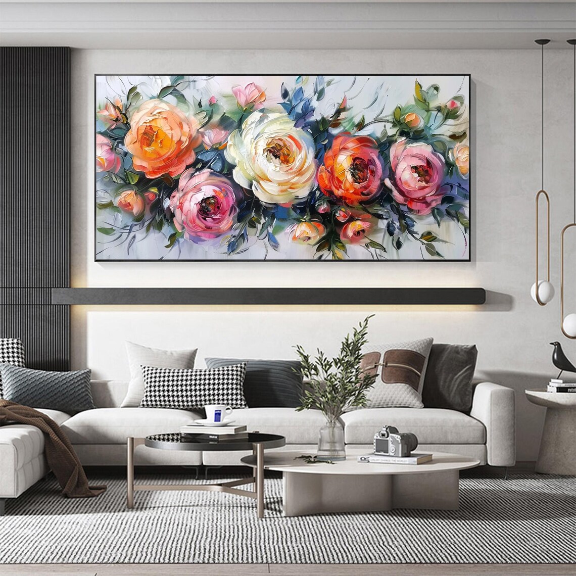 Bold Impasto Rose Bouquet on Teal Panoramic Oil Painting Art Print - Image 5