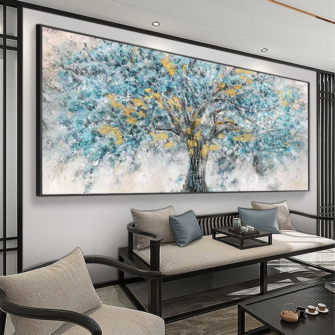 Gold Foil Blooming Banyan Tree Hand Painted Original Teal Tree Abstract Textured Landscape Modern Bedroom Large Wall Art Home Decor - Image 6