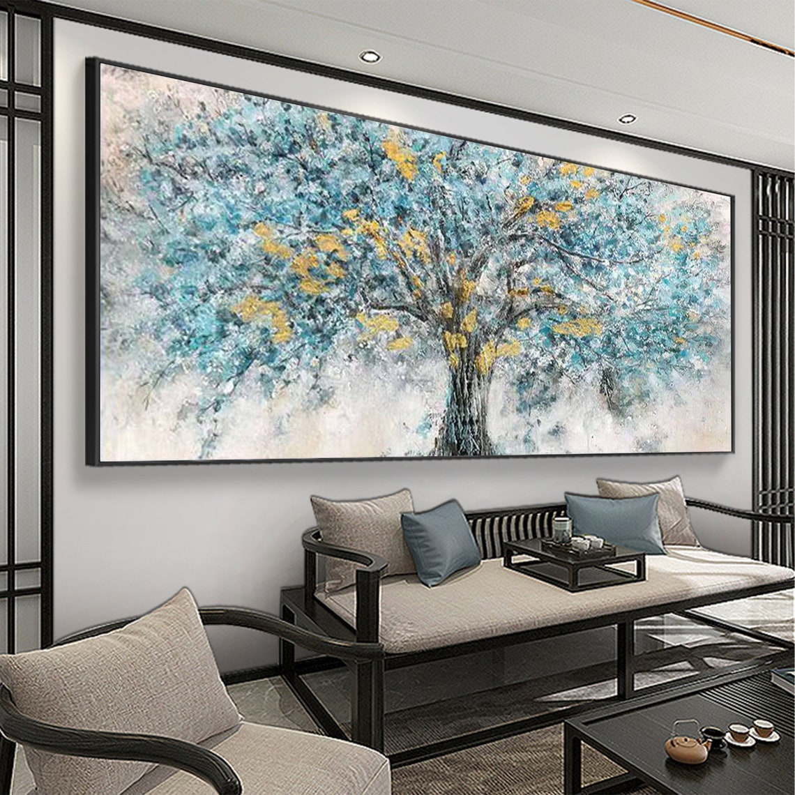 Teal Tree Golden Leaves Abstract Textured Wall Decor Oil Poster - Image 6