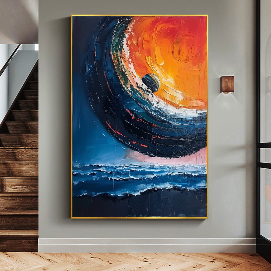 Fiery Planet Rising Over Dark Ocean Vertical Oil Painting Art Print - Image 5