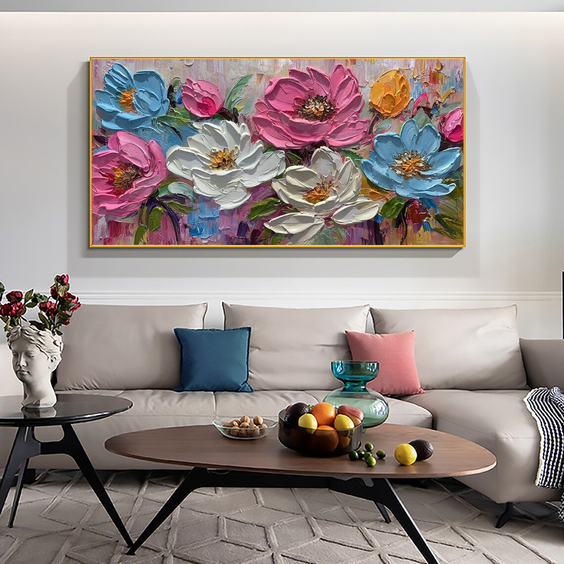 Bold Impasto Blooms in Pink White and Blue Floral Garden Poster - Image 3