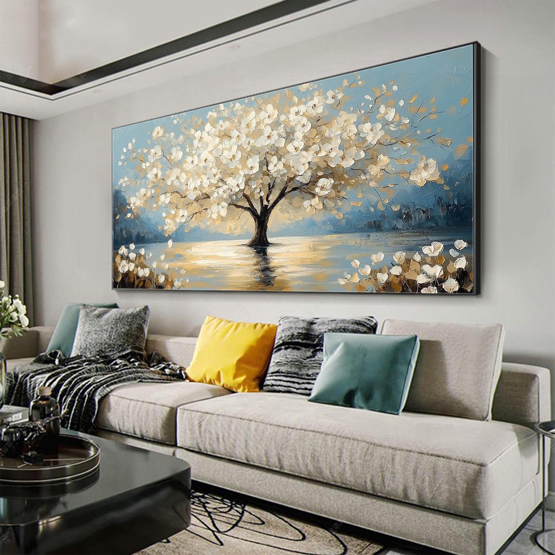 White Blossom Tree by Golden Lake Panoramic Oil Painting Art Print - Image 5