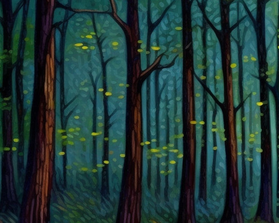 Golden River Through Dark Forest Glowing Impressionist Poster - Image 2
