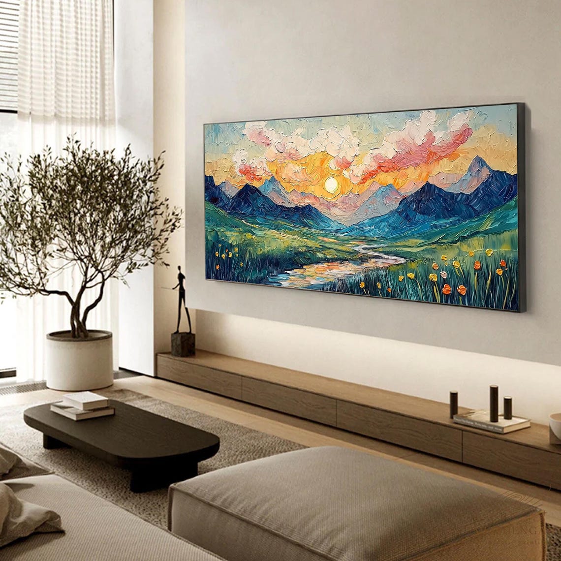 Colorful Sunset Mountain Valley River Meadow Poppy Field Poster - Image 6