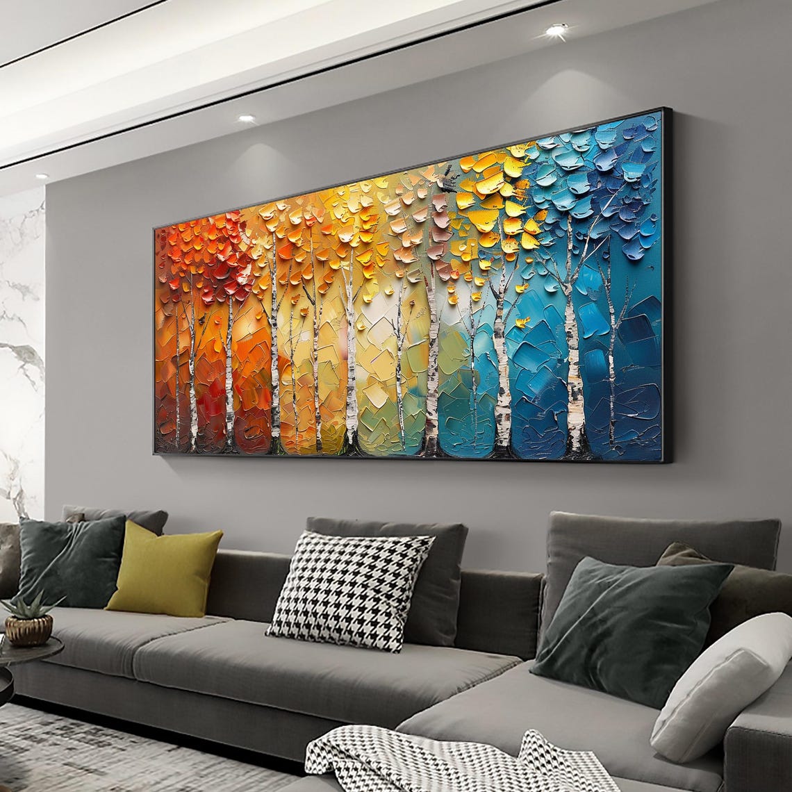 Four Seasons Birch Trees Colorful Leaves Knife Texture Poster - Image 2