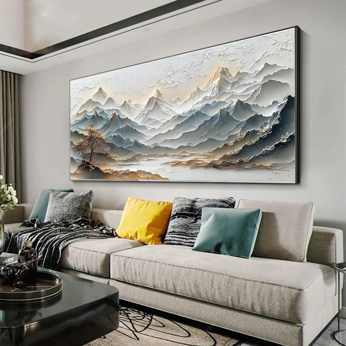 Serene White Relief Mountain Range in East Asian Style Poster - Image 2