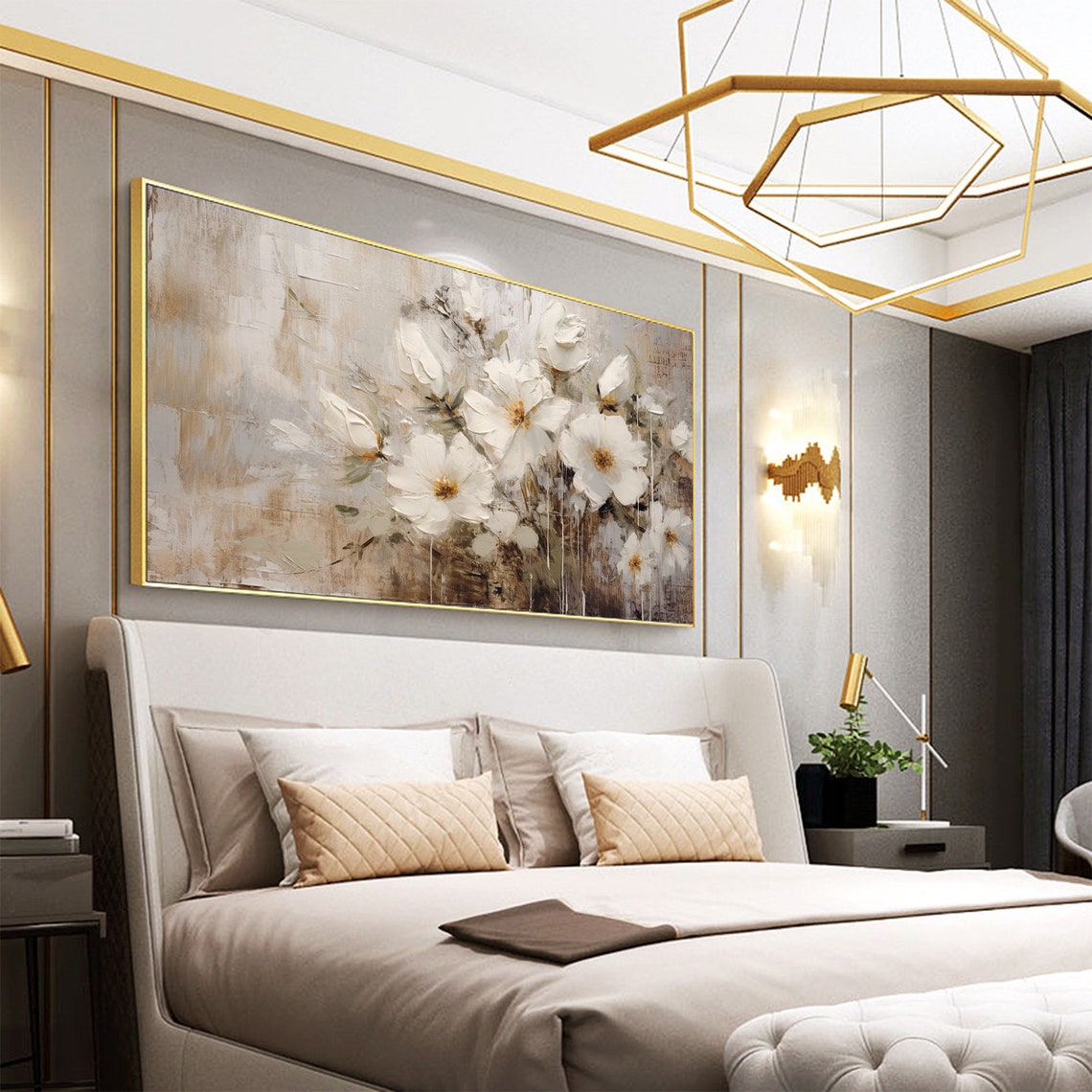 Soft White Blossoms on Beige Panoramic Oil Painting Art Print - Image 2