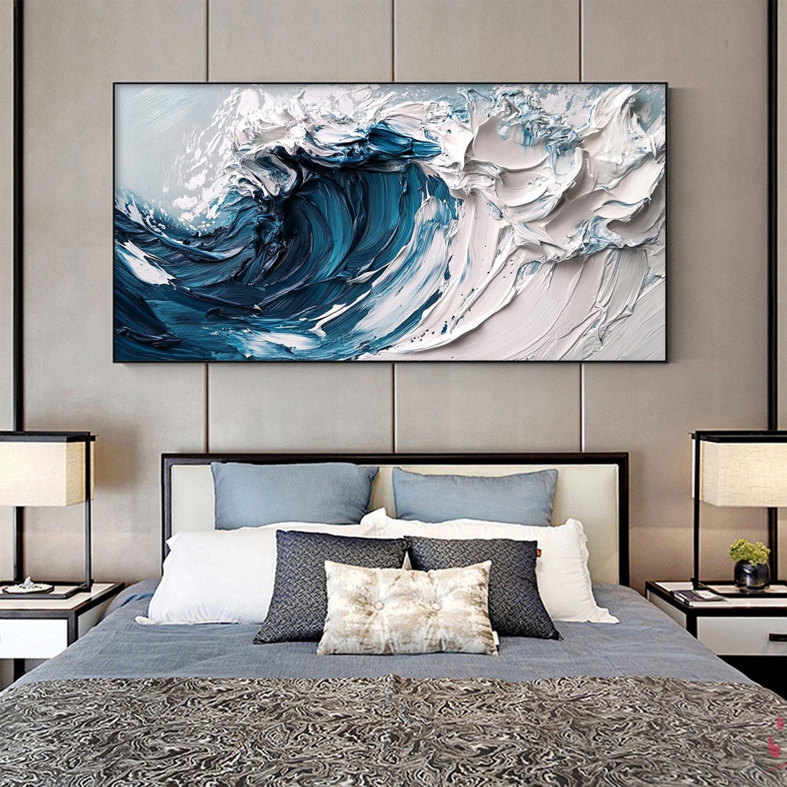 Crashing Blue Ocean Wave Impasto Panoramic Oil Painting Art Print - Image 2