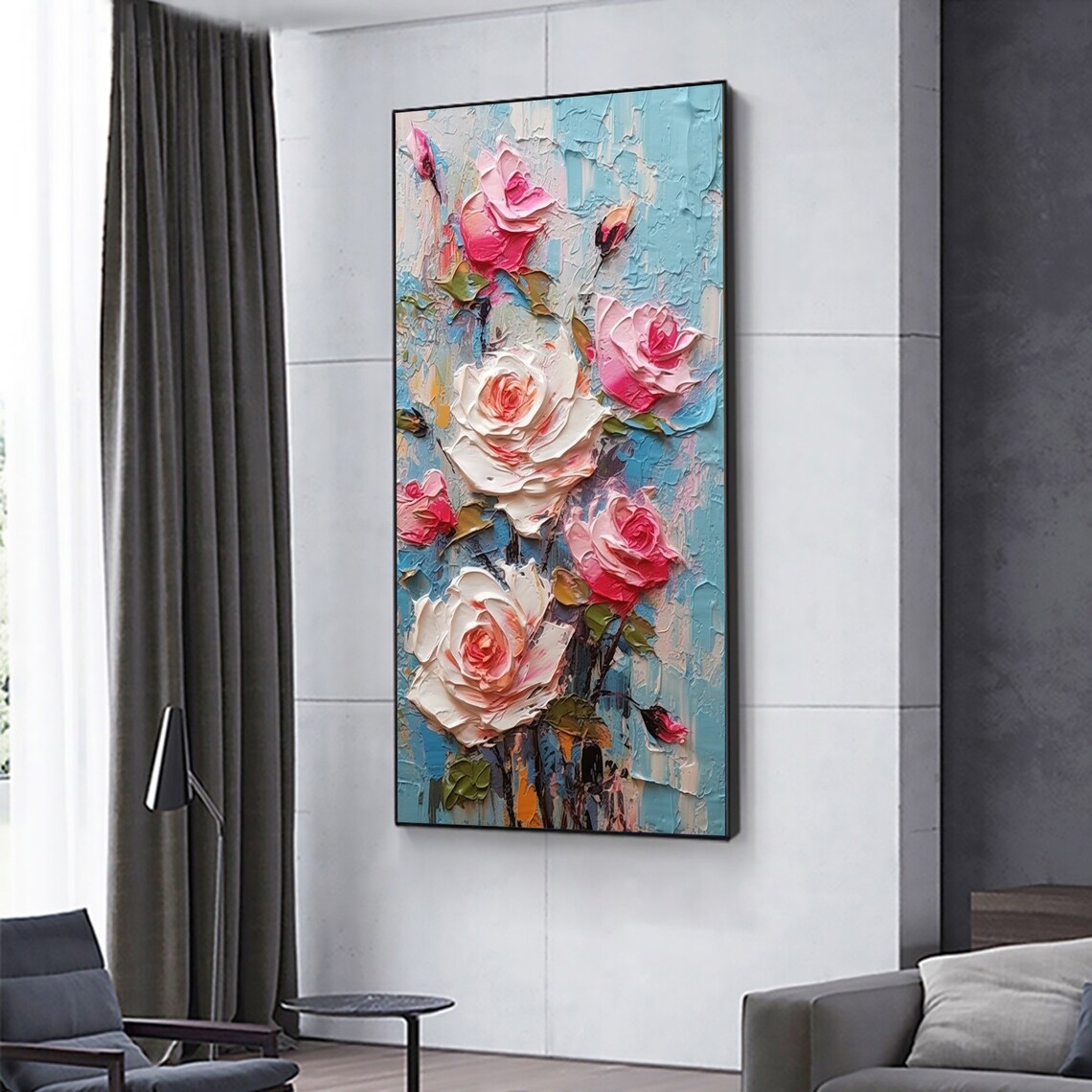Pink and White Roses Impasto Oil Painting on Blue Canvas Poster - Image 2