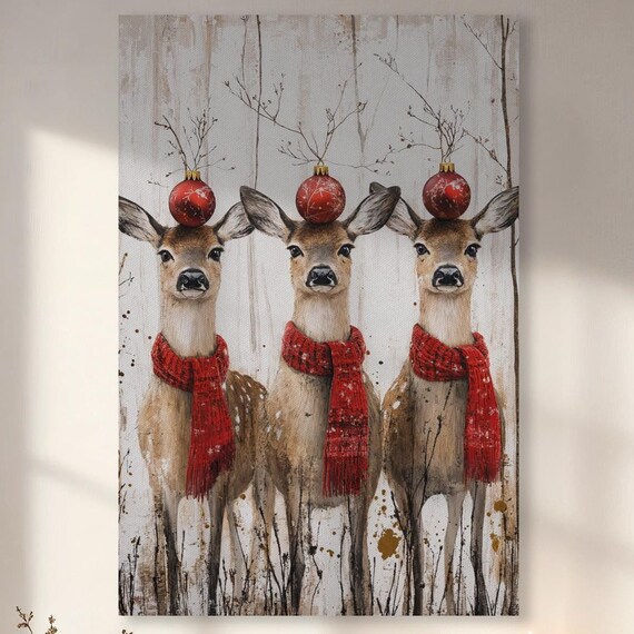 Three Adorable Deer In Red Scarves Balancing Baubles Christmas Poster