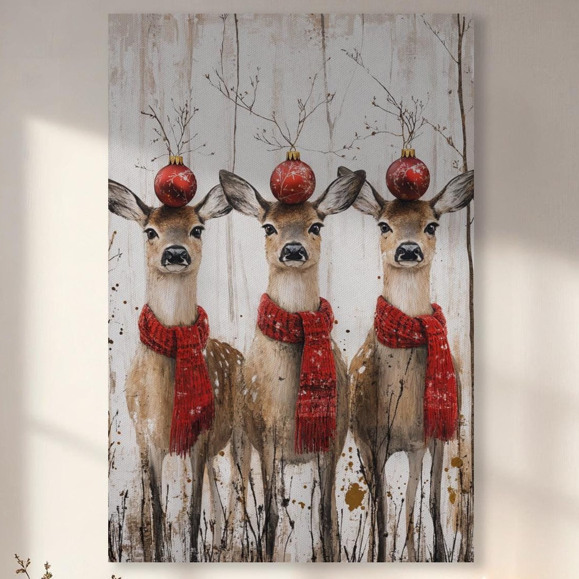 Three Adorable Deer In Red Scarves Balancing Baubles Christmas Poster