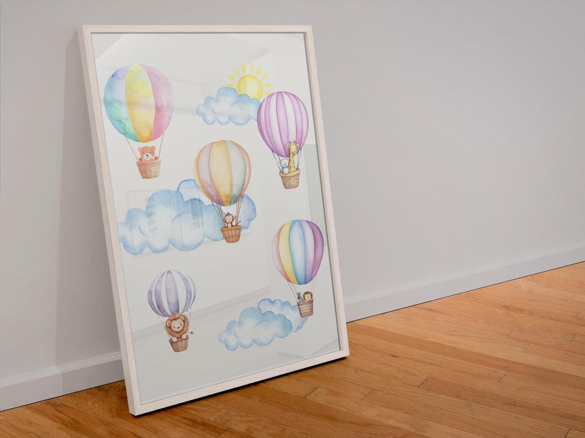 Six Pastel Hot Air Balloons With Animals Under Sunny Sky Poster - Image 3