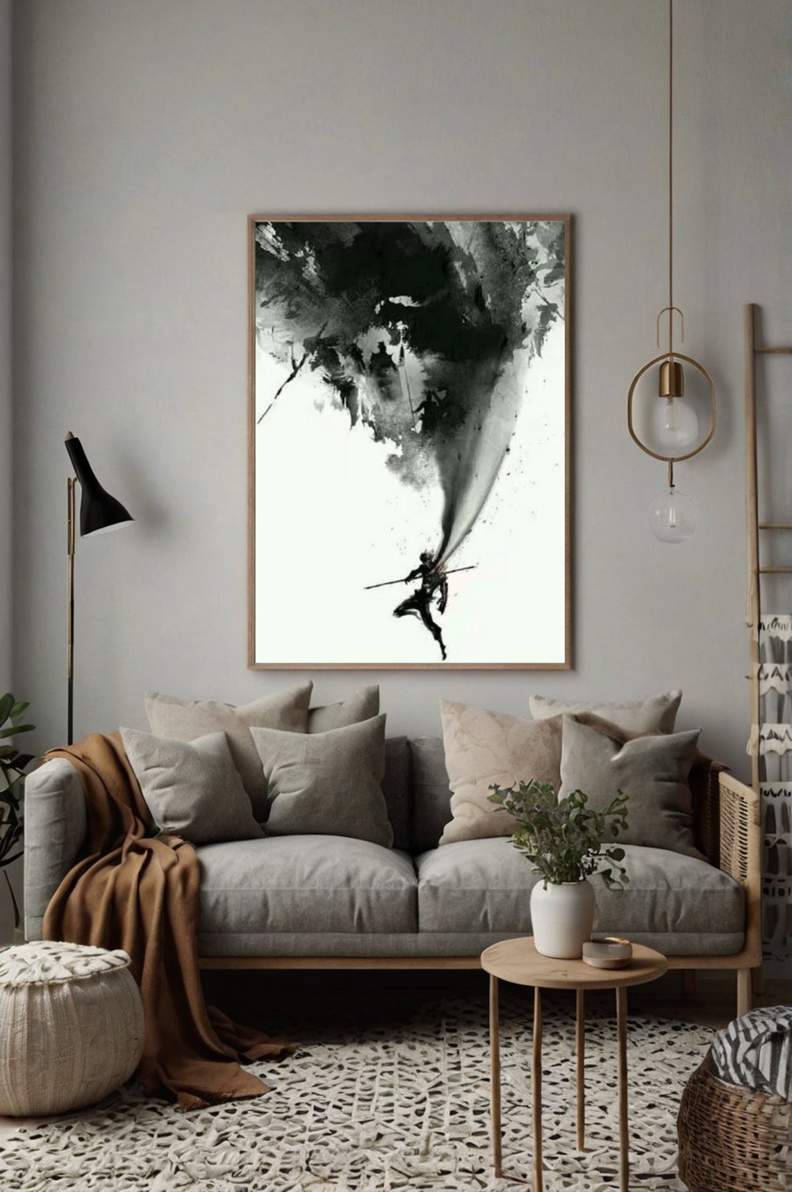 Ink Splash Samurai Jumping Japanese Watercolor Warrior Wall Art - Image 2
