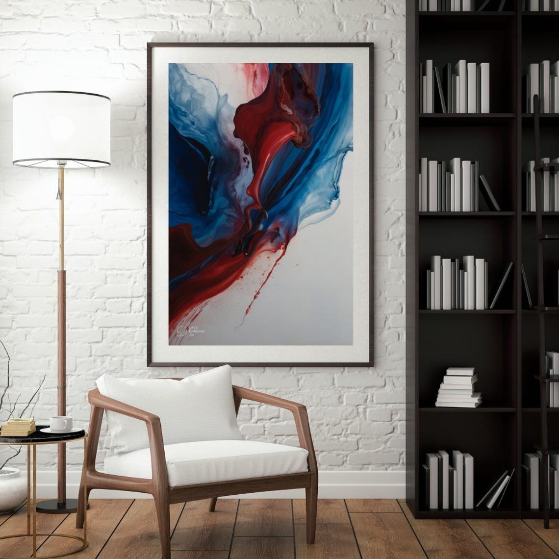 Bold Red and Blue Abstract Ink Swirl Modern Fluid Acrylic Print - Image 2