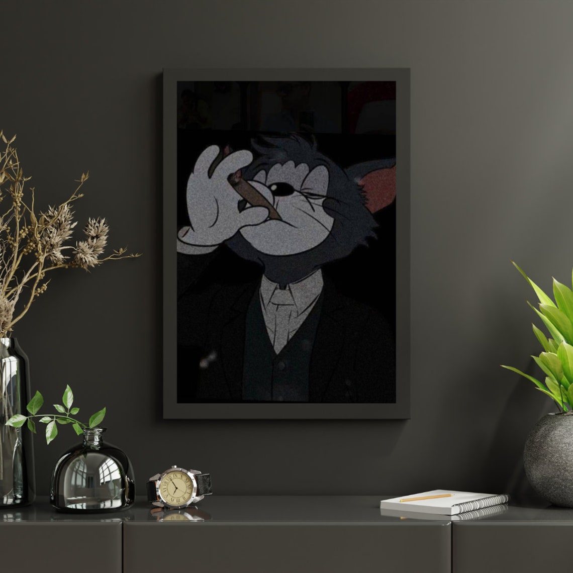 Tom and Jerry Tom Cat in Suit Smoking Cigar Art Poster Dark Humor