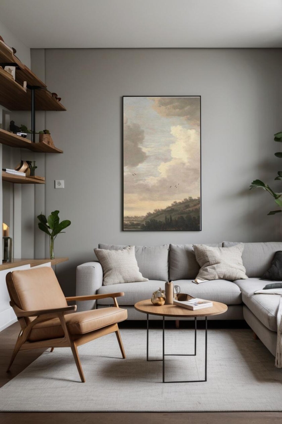 Peaceful Countryside Landscape Cloudy Sky Vintage Oil Painting Print - Image 2