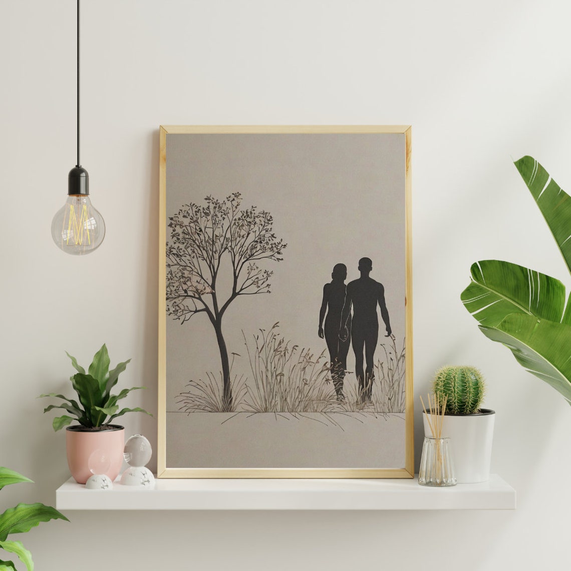 Couple Walking Silhouette Nature Grass Minimalist Romantic Art Poster