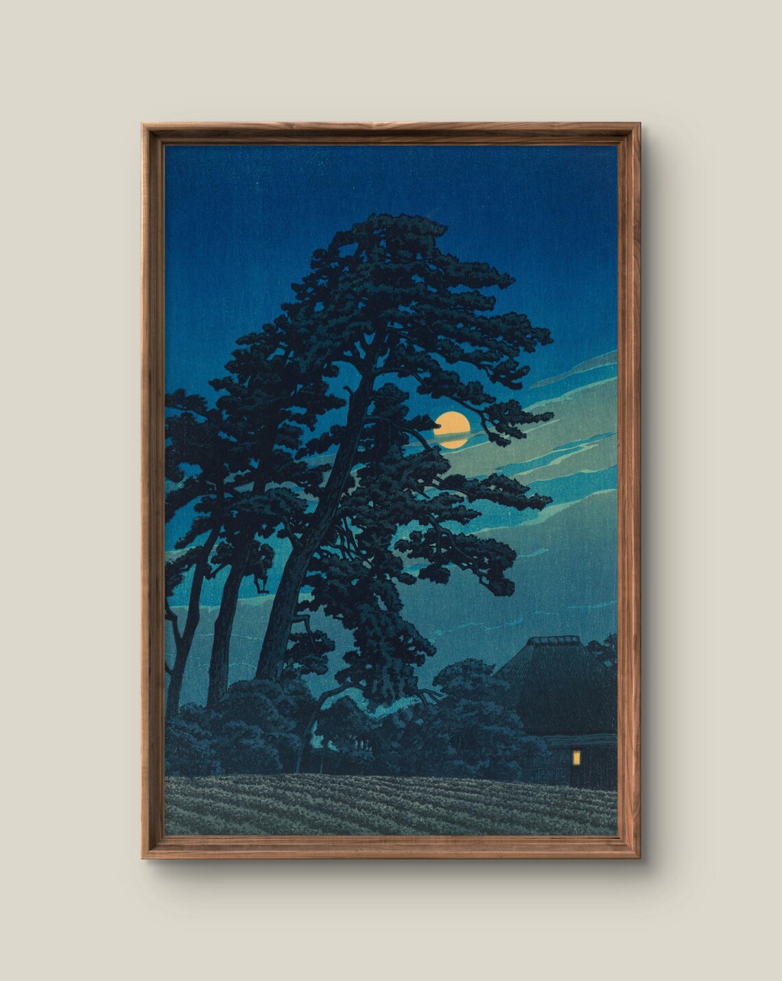 Serene Moonlit Pine Trees Japanese Woodblock Night Landscape Print