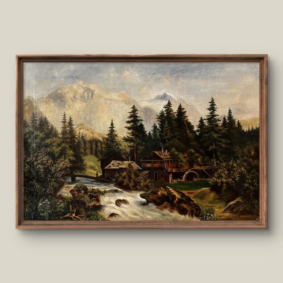 Vintage Summer Landscape Art Print Rustic Wall Decor Antique Painting Mountain Instant