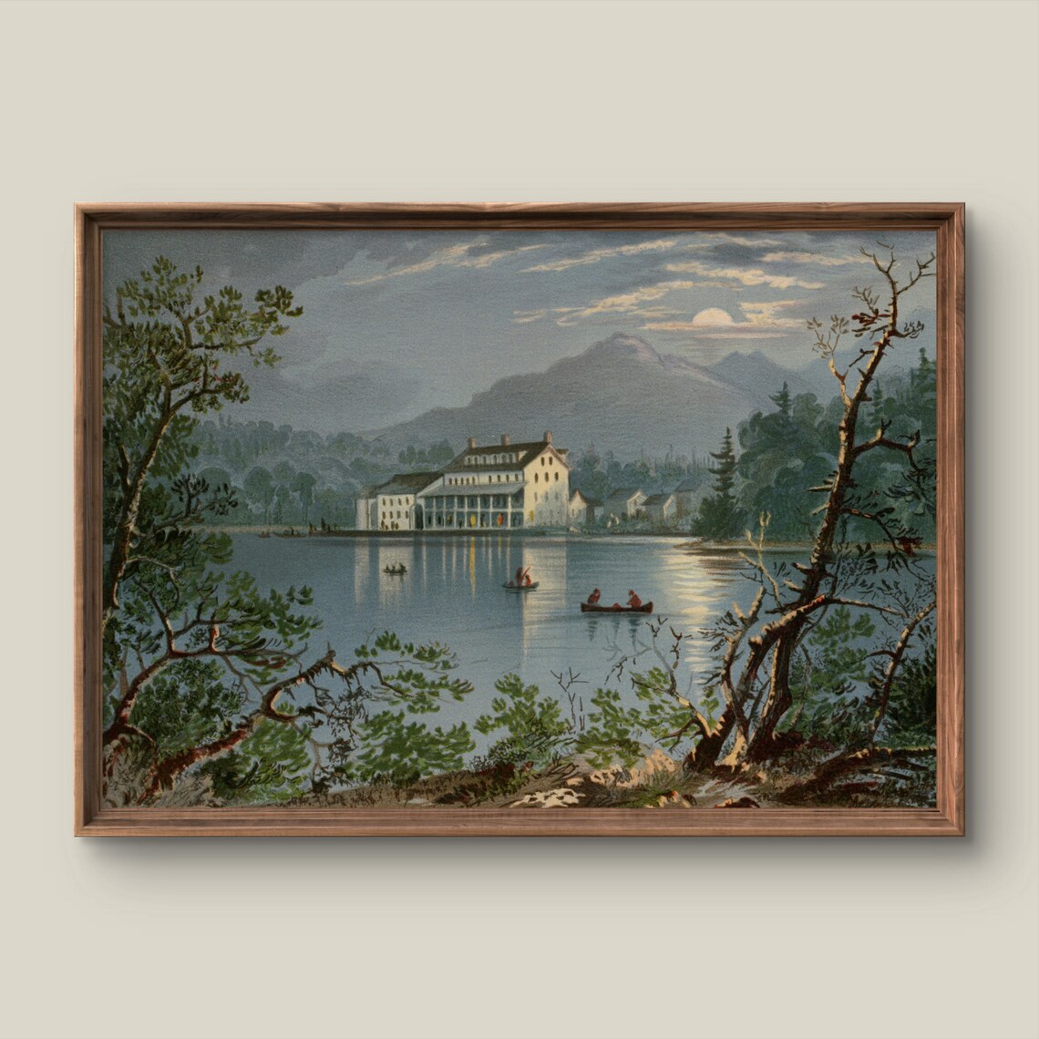 Moonlit Lake Grand Hotel Vintage Night Landscape Painting Poster