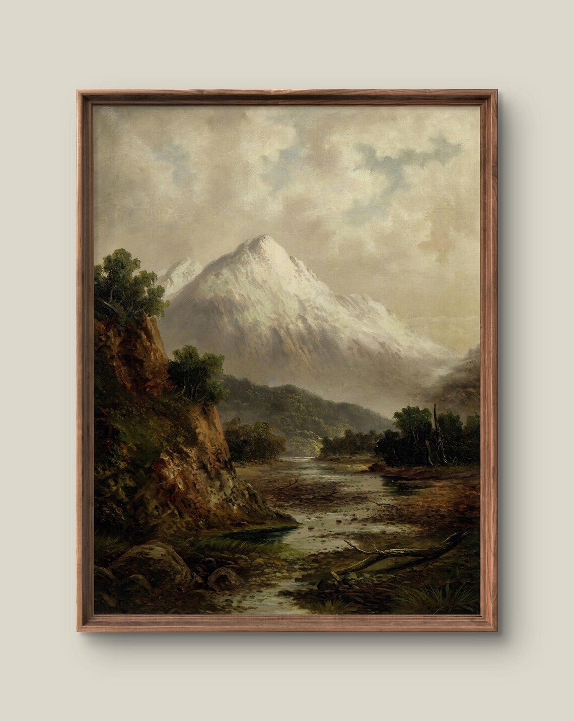 Snow Capped Mountain River Valley Antique Landscape Painting Poster