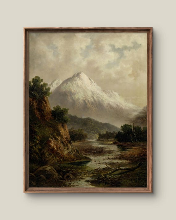 Vintage Mountain Landscape Art Print Summer Wall Decor Antique Painting Green Forest Instant