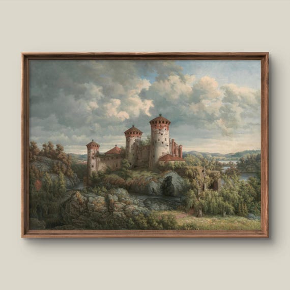 Vintage Medieval Castle Landscape Art Print Retro Wall Decor Antique Painting Instant