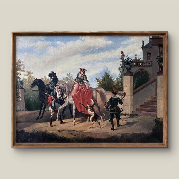 Elegant Lady on White Horse at Palace Stairs Vintage Equestrian Oil Painting Poster