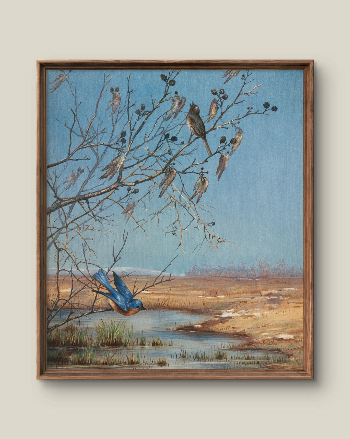 Vintage Songbirds Bare Branches Wetland Antique Painting Poster